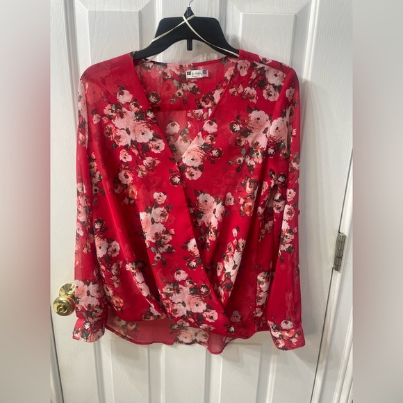 Kut From The Kloth Floral Surplice Roll Tab Sleeve Blouse Women Size Large - Picture 3 of 7